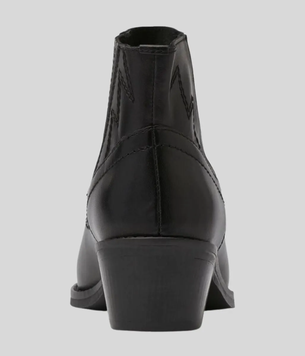 Black Leather Western Style Ankle Boots