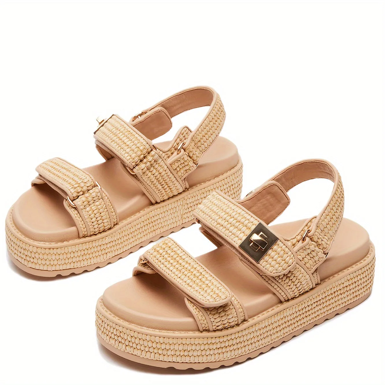 Comfortable Raffia Platform Casual Beach Adjustable Buckle Strap Slingback Rattan Sandals