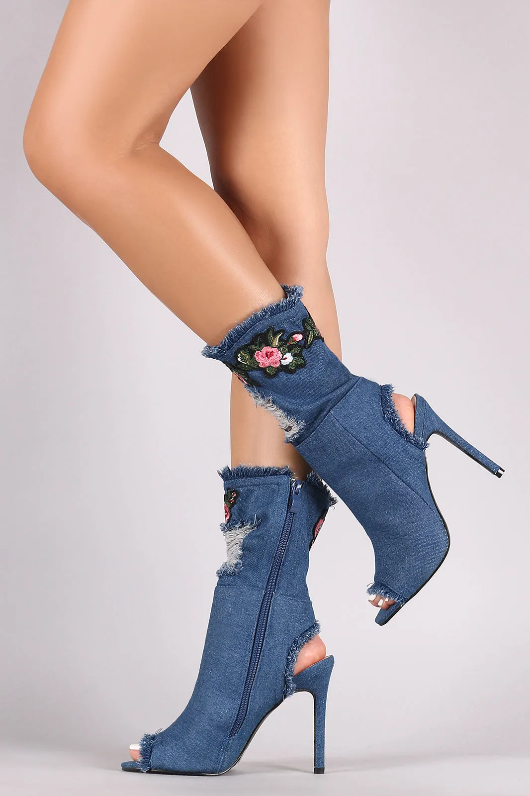 Floral Applique Frayed Distressed Denim Stiletto Boots