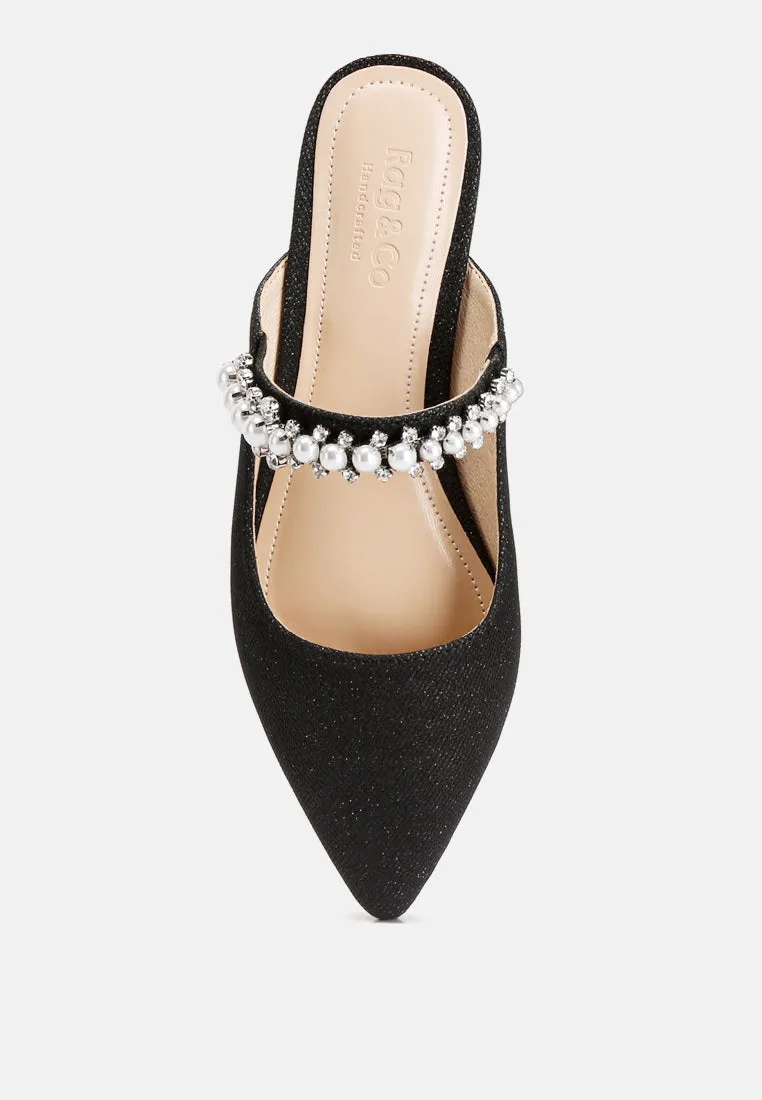 GEODE Pearl Embellished Slip On Mules in Black