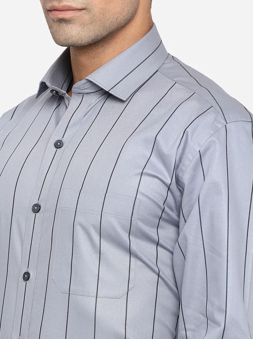 Grey & Black Striped Regular Fit Formal Shirt | JadeBlue