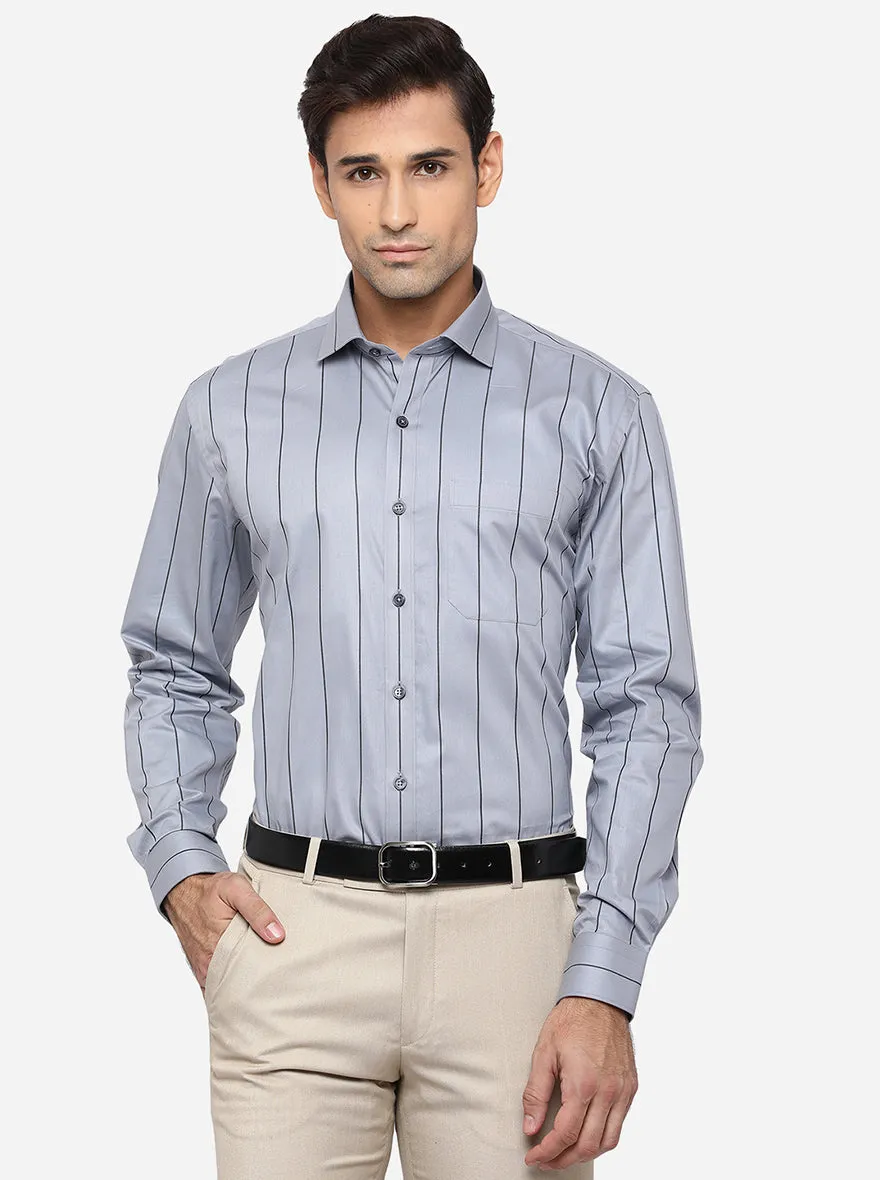 Grey & Black Striped Regular Fit Formal Shirt | JadeBlue