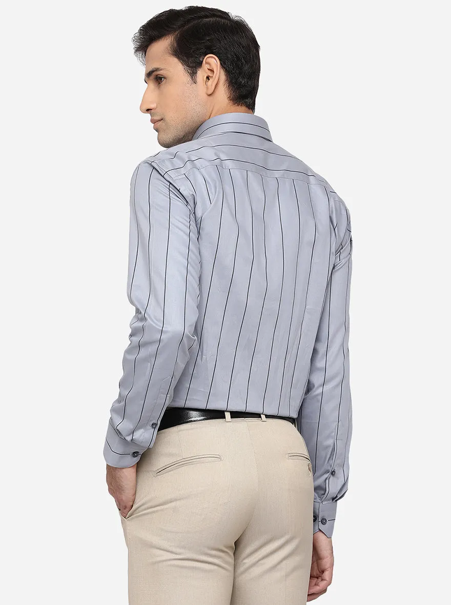 Grey & Black Striped Regular Fit Formal Shirt | JadeBlue