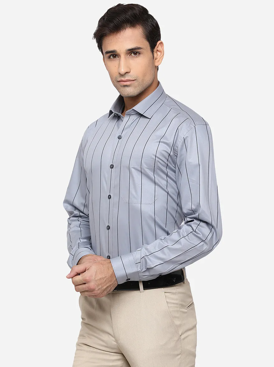 Grey & Black Striped Regular Fit Formal Shirt | JadeBlue