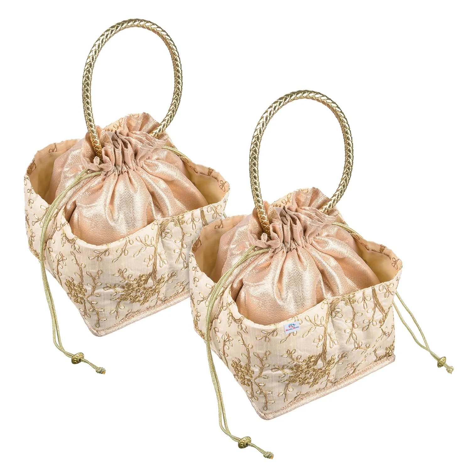 Heart Home Hand Bag|Silk Embroidery Drawstring Bag|Traditional Indian Handmade 5 Pocket Potli Bag with Golden Handle|Pack of 2 (Cream)