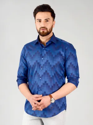 Navy Blue Self Design Slim Fit Evening Wear Shirt | Metal