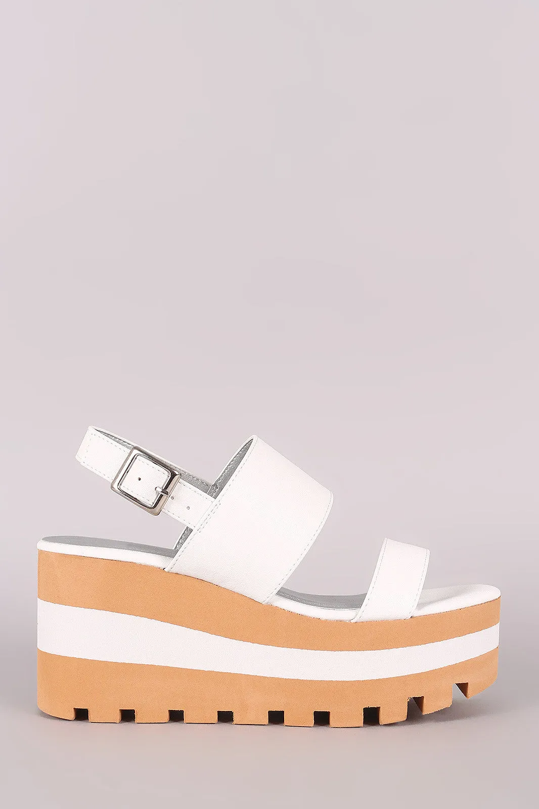 Qupid Double Band Lug Sole Slingback Striped Flatform Wedge