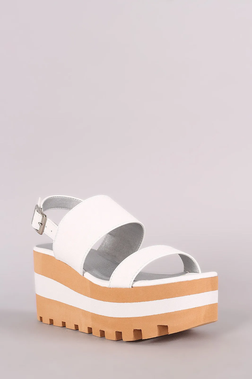 Qupid Double Band Lug Sole Slingback Striped Flatform Wedge