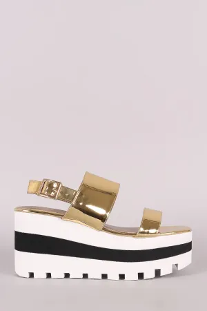 Qupid Metallic Double Band Lug Sole Slingback Striped Flatform Wedge