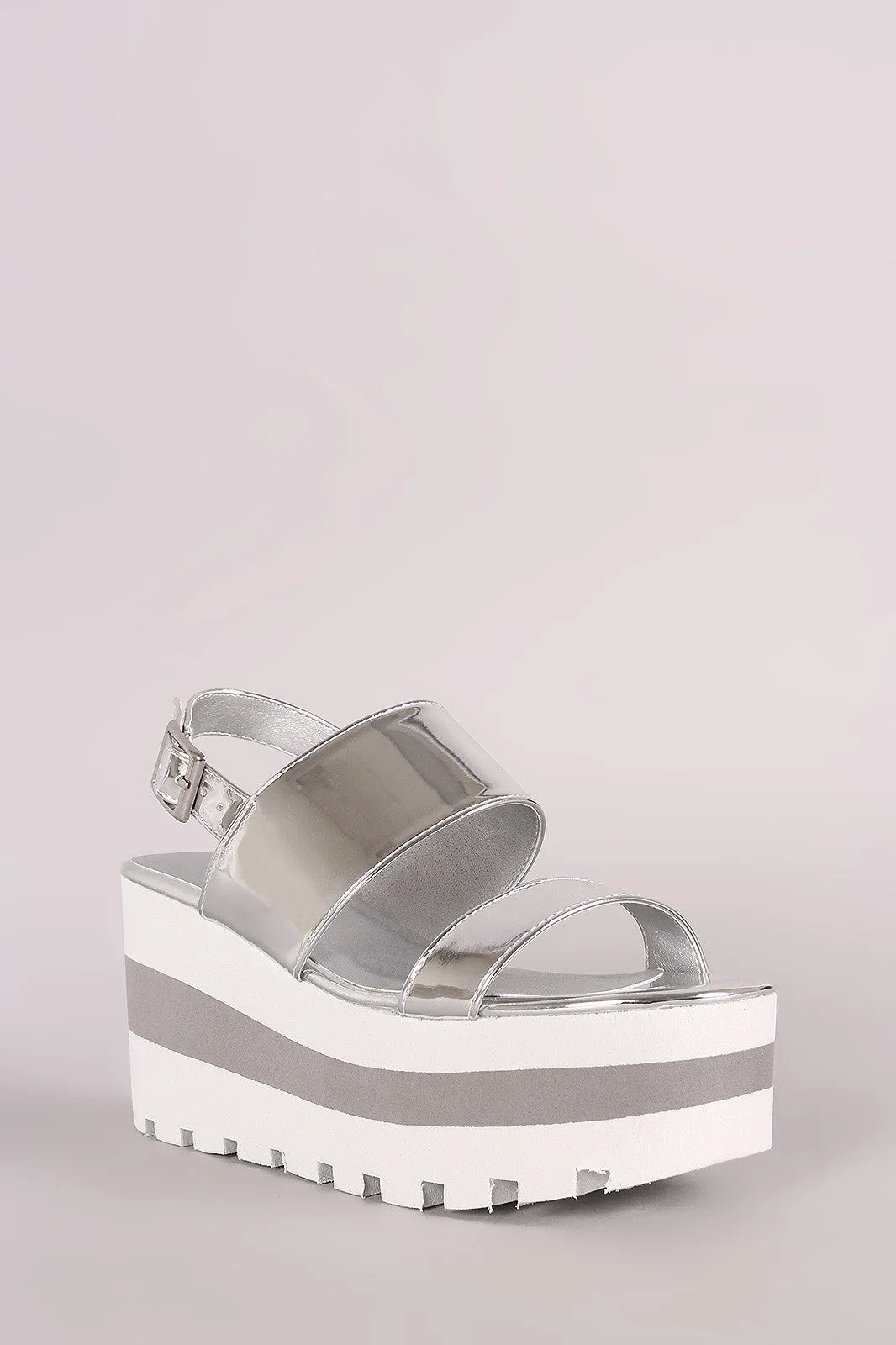 Qupid Metallic Double Band Lug Sole Slingback Striped Flatform Wedge