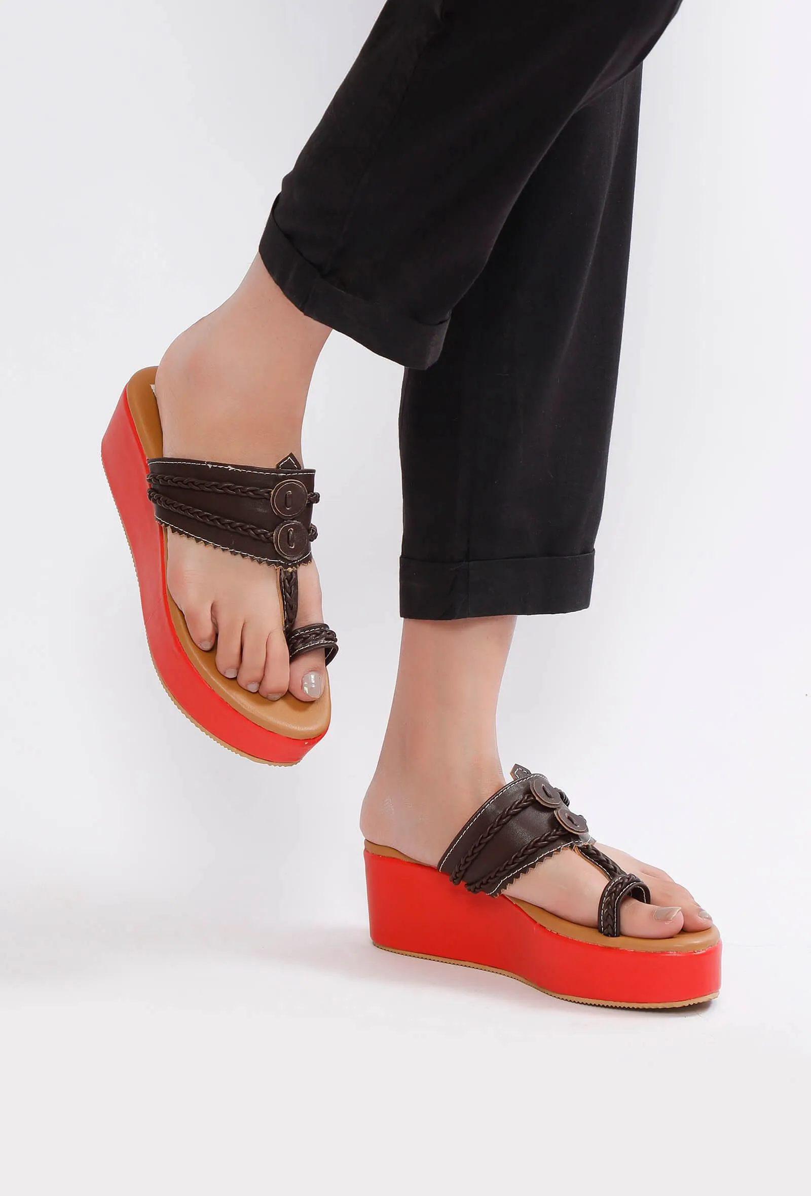 Rusted Orange & Brown Vegan Leather Wedges