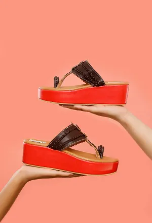 Rusted Orange & Brown Vegan Leather Wedges