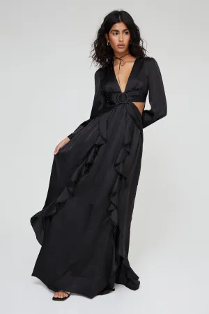 SATIN RUFFLE MAXI DRESS