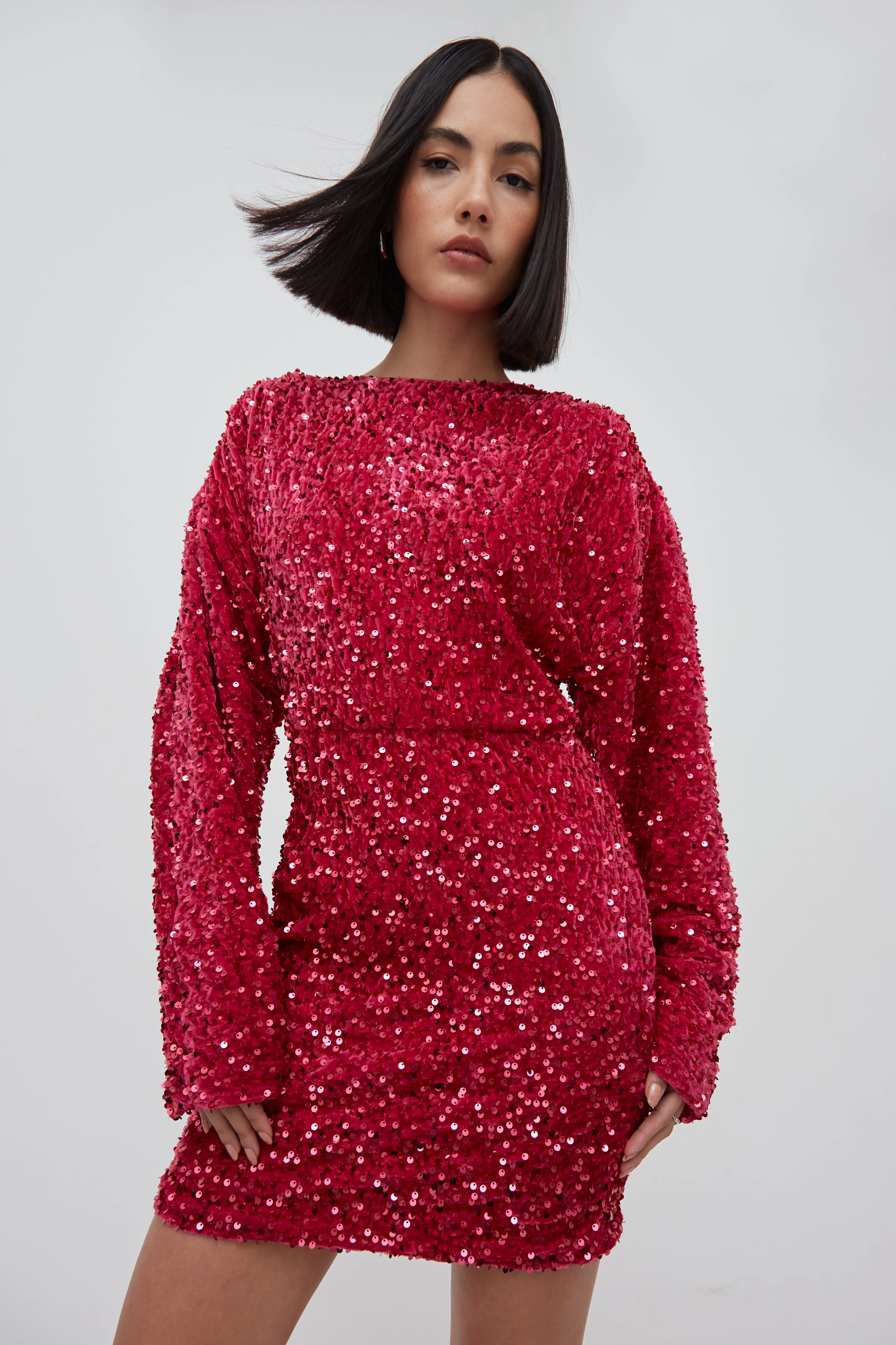 SEQUIN BLOUSON SLEEVE MINI DRESS