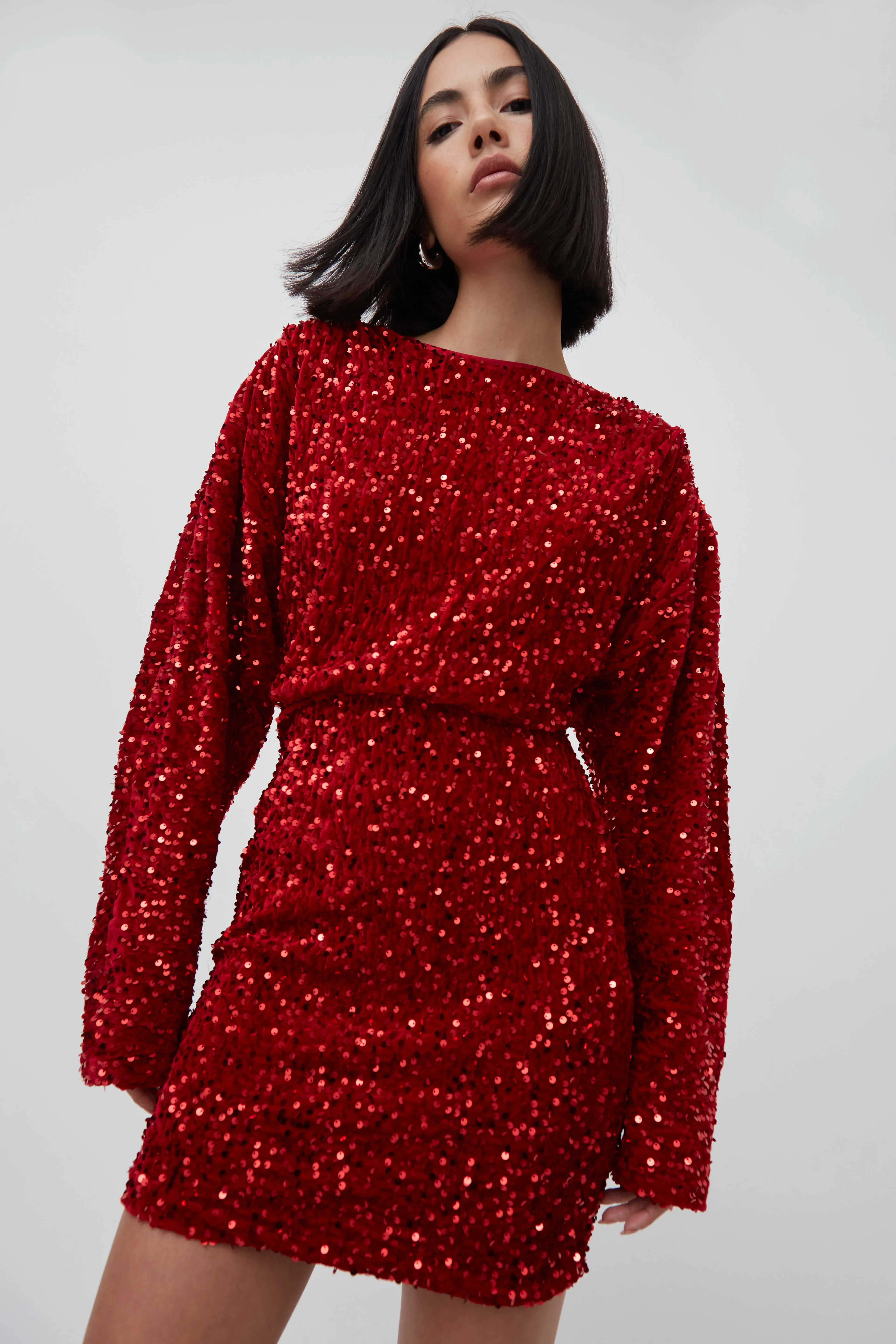 SEQUIN BLOUSON SLEEVE MINI DRESS