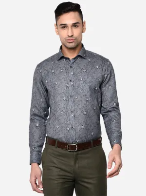 Slate Grey Printed Slim Fit Party Wear Shirt | Greenfibre