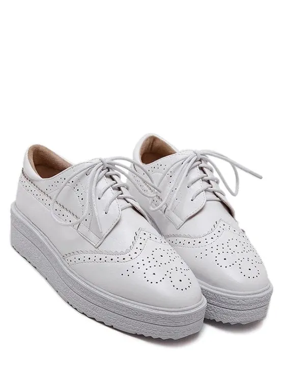 Trendy Faux Leather Wingtip Tie Up Platform Shoes