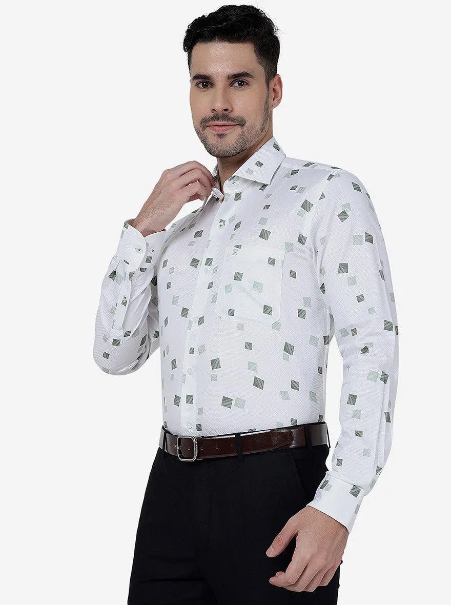 White & Green Printed Slim Fit Formal Shirt | Metal