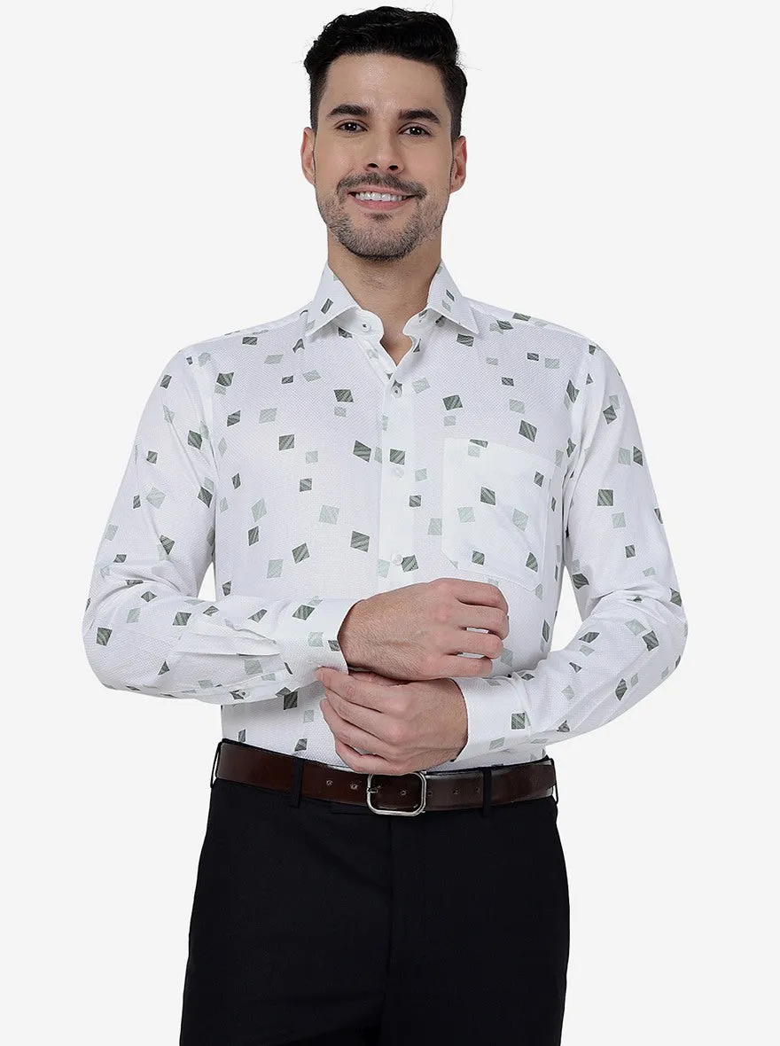 White & Green Printed Slim Fit Formal Shirt | Metal