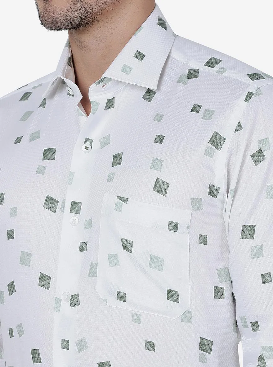 White & Green Printed Slim Fit Formal Shirt | Metal