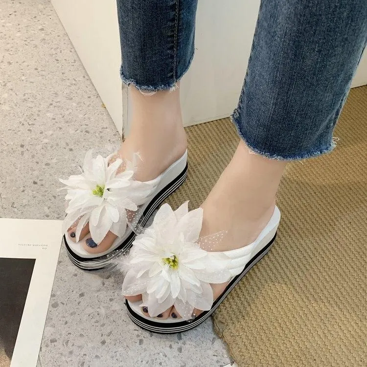 Women Summer Thick Wedge Heel Flowers Design Flip Flops Slippers