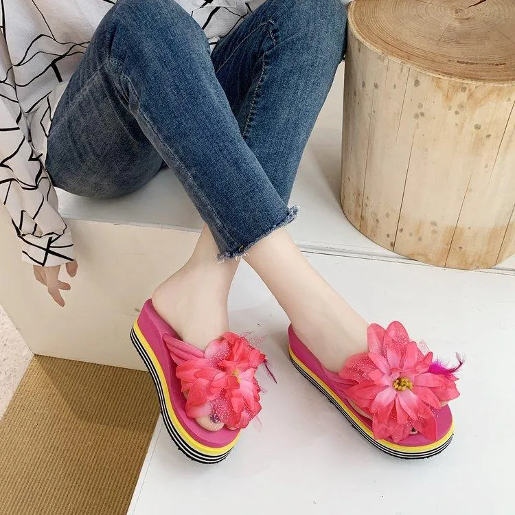 Women Summer Thick Wedge Heel Flowers Design Flip Flops Slippers