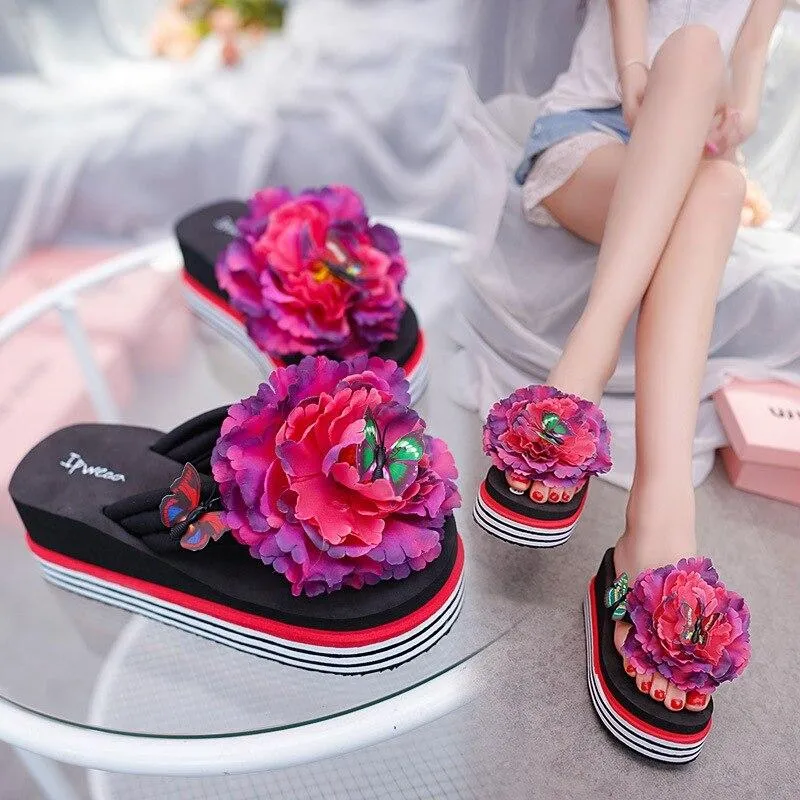 Women Summer Thick Wedge Heel Flowers Design Flip Flops Slippers