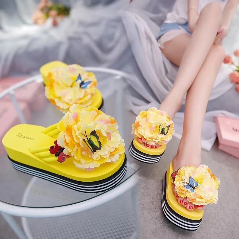 Women Summer Thick Wedge Heel Flowers Design Flip Flops Slippers