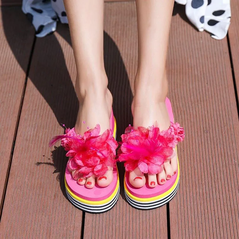 Women Summer Thick Wedge Heel Flowers Design Flip Flops Slippers