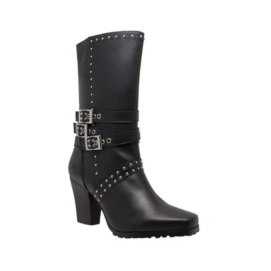 Women's 12" Heeled Buckle Boot Black Leather Boots