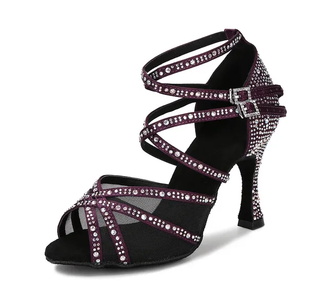 Womens Latin Dance Shoes Dark Purple Rhinestone Salsa Shoes