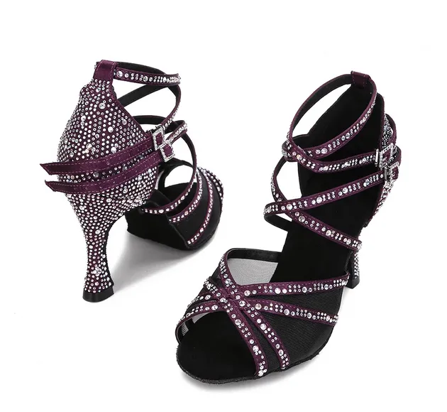 Womens Latin Dance Shoes Dark Purple Rhinestone Salsa Shoes