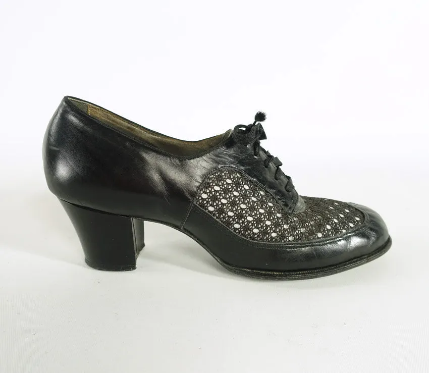 Women's Oxford Heels 50s Vintage Black Mesh Lace Panels 8 Spectator Style Wingstep VFG