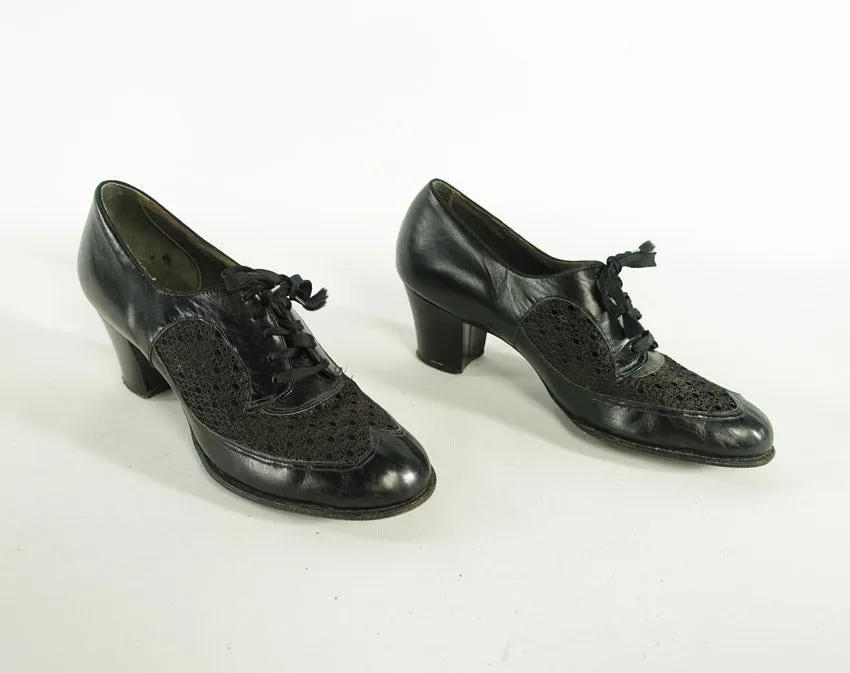 Women's Oxford Heels 50s Vintage Black Mesh Lace Panels 8 Spectator Style Wingstep VFG