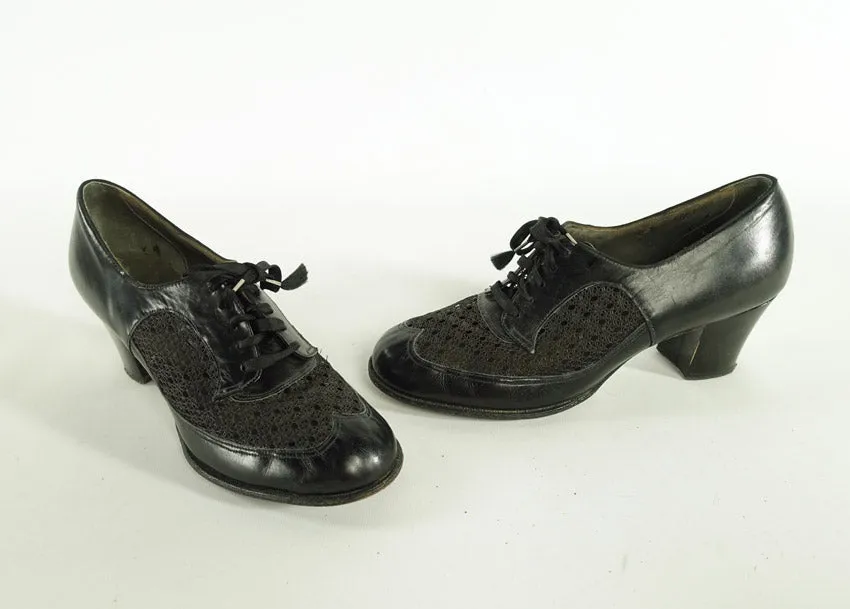 Women's Oxford Heels 50s Vintage Black Mesh Lace Panels 8 Spectator Style Wingstep VFG